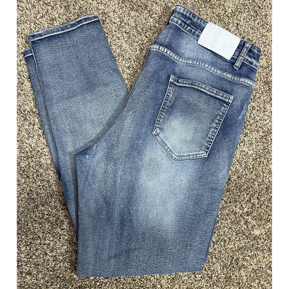 RGSTR Jeans Mens 34x29 Blue Medium Wash Slim Tapered Moto Biker Distressed Denim